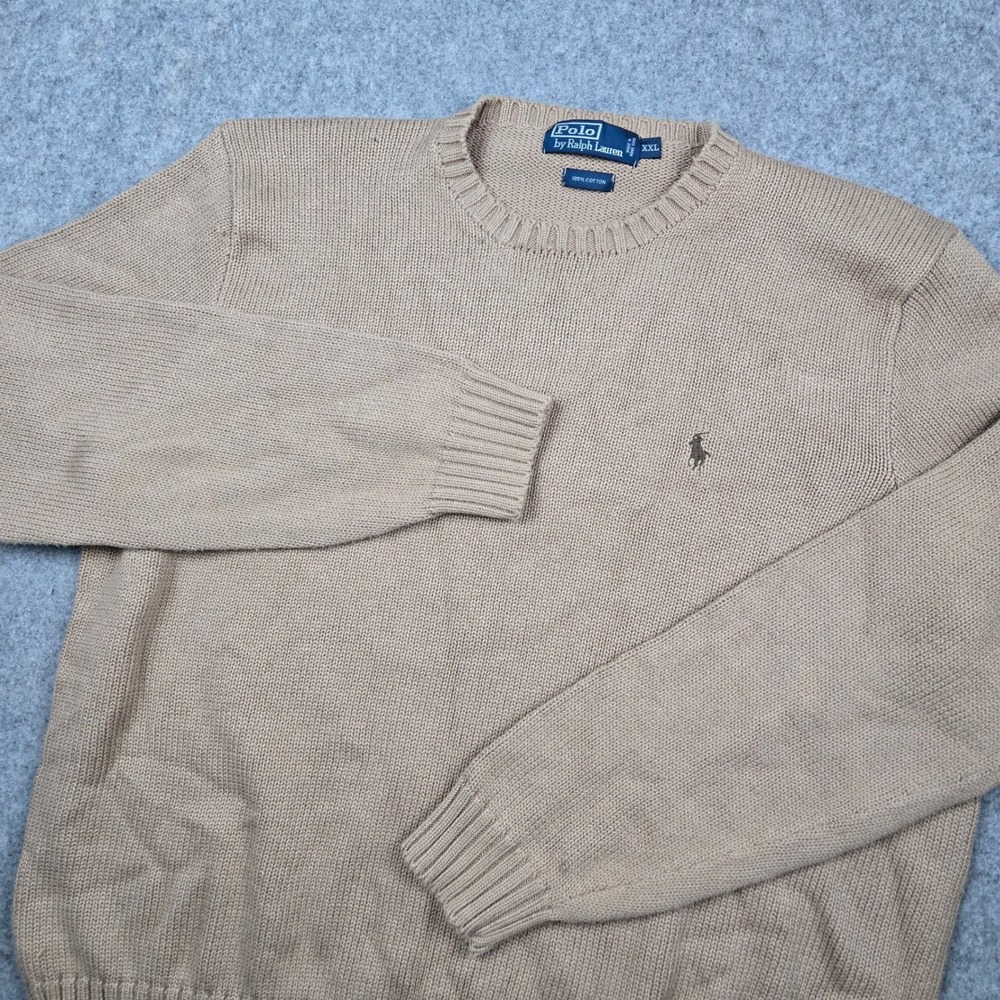 Polo Ralph Lauren Sweater Mens XXL Tan Cotton Knit Crewneck Pony Logo‎ Preppy